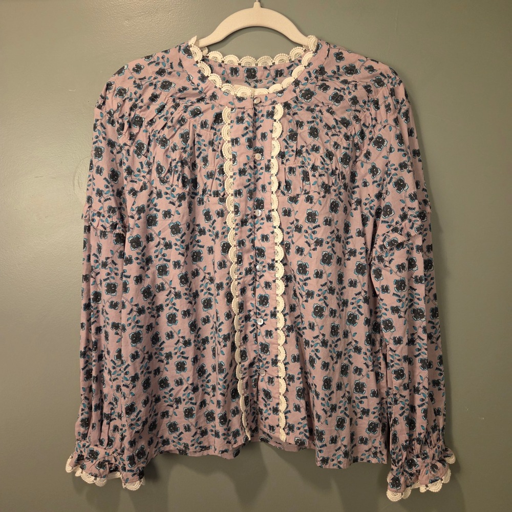 Cotelac Women's 100% Cotton Button Up Blouse Floral Print Crochet Trim